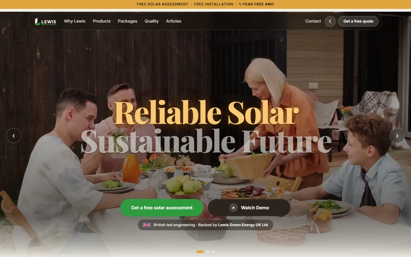 Homepage of lewissolarenergy.com: "Reliable Solar, Sustainable Future" over a family dinner scene, with free-assessment and Watch Demo buttons.